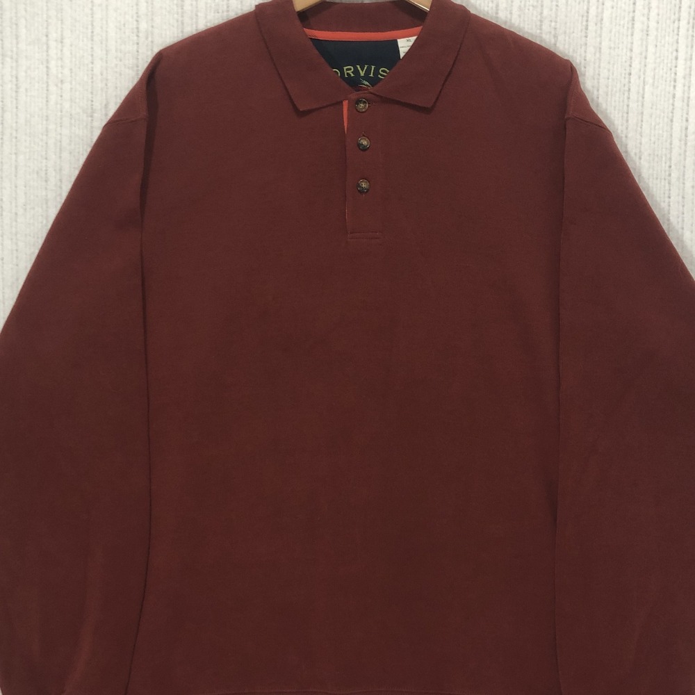 Orvis Mens XL Long Sleeve Polo Shirt Burgundy Red 100% Cotton Heavyweight Knit